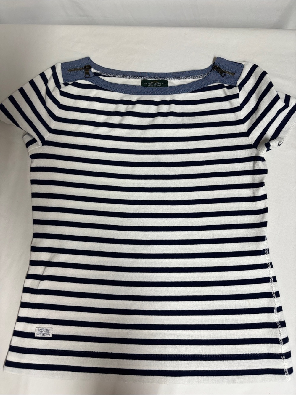 Lauren Ralph Lauren Women’s S 100% Cotton Breton Stripe Shoulder Zip Top